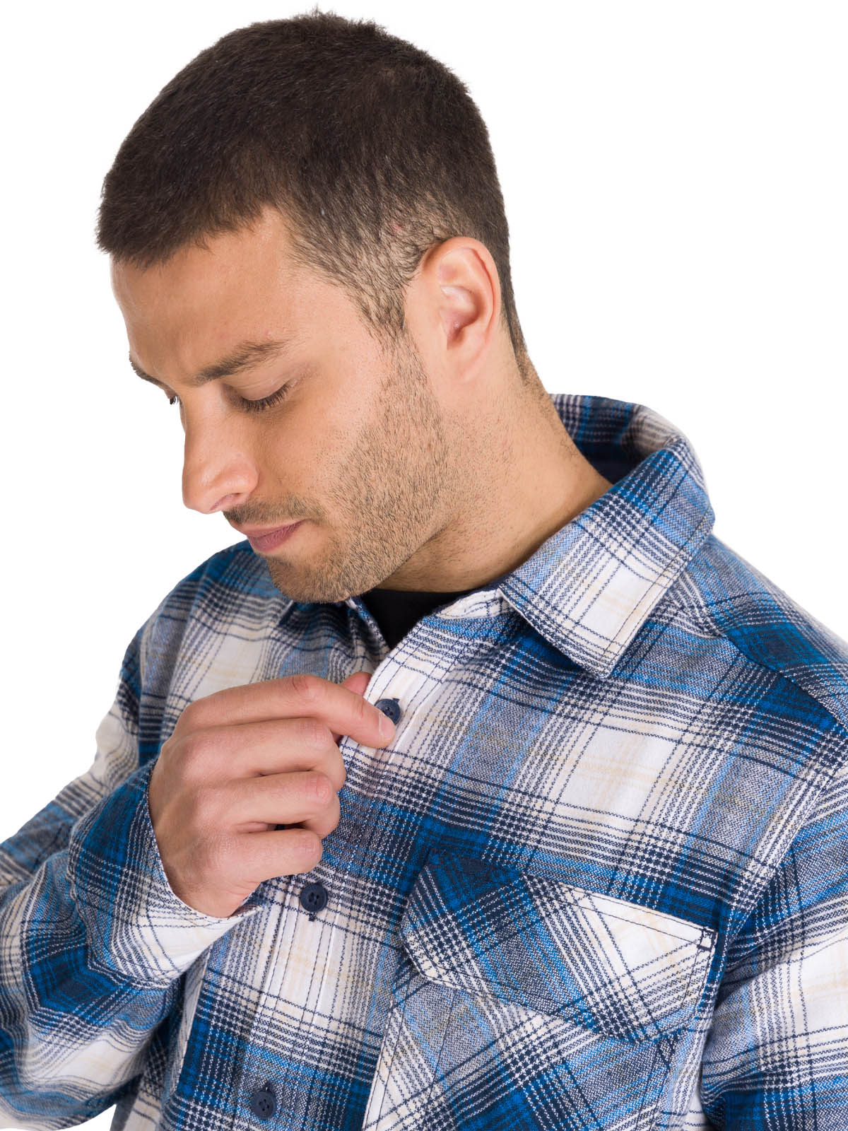 Chaqueta Manga Larga Hombre Buffalo Check Heavyweight Overshirt Azul Petróleo Cat