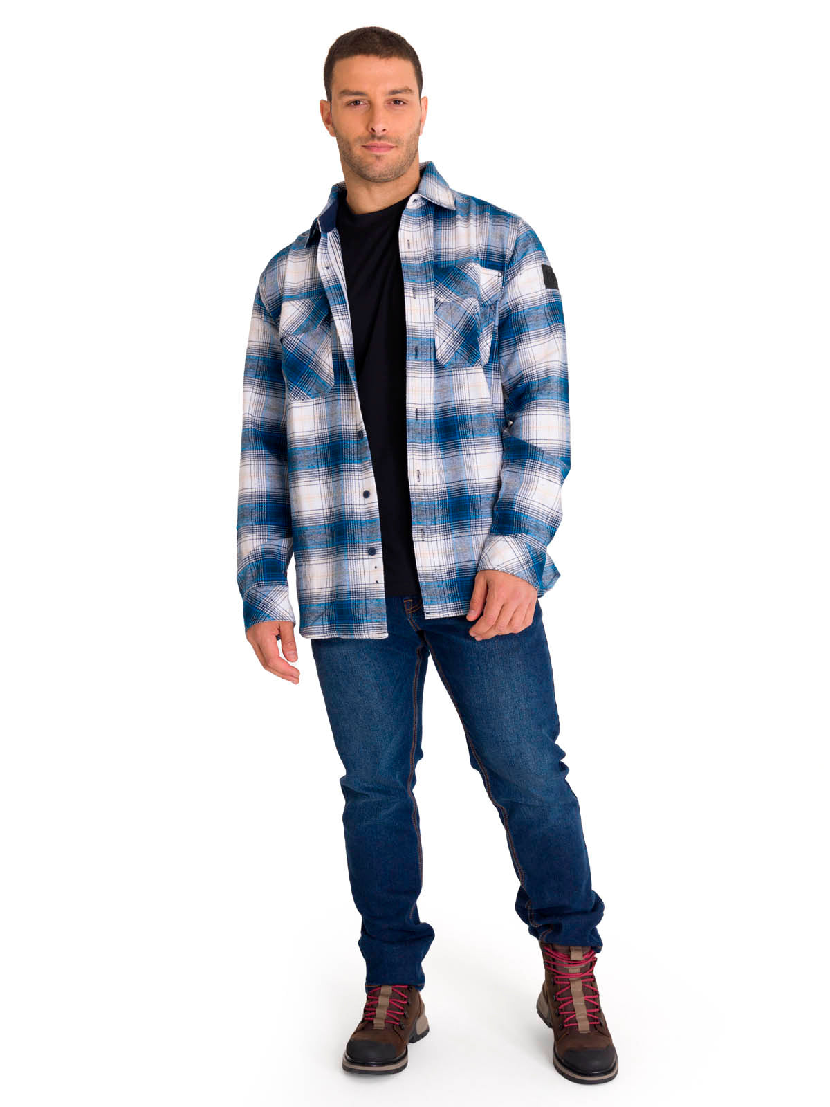 Chaqueta Manga Larga Hombre Buffalo Check Heavyweight Overshirt Azul Petróleo Cat