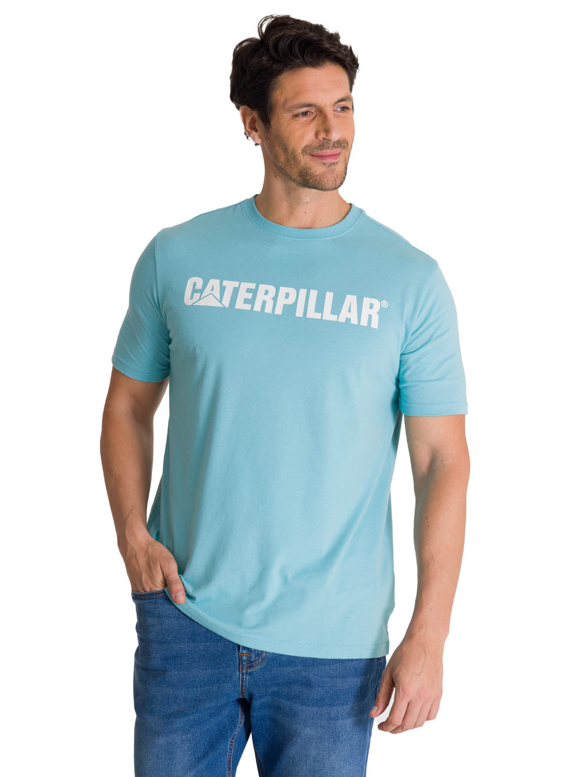 Polera Manga Corta Hombre Logo Caterpillar Celeste CAT
