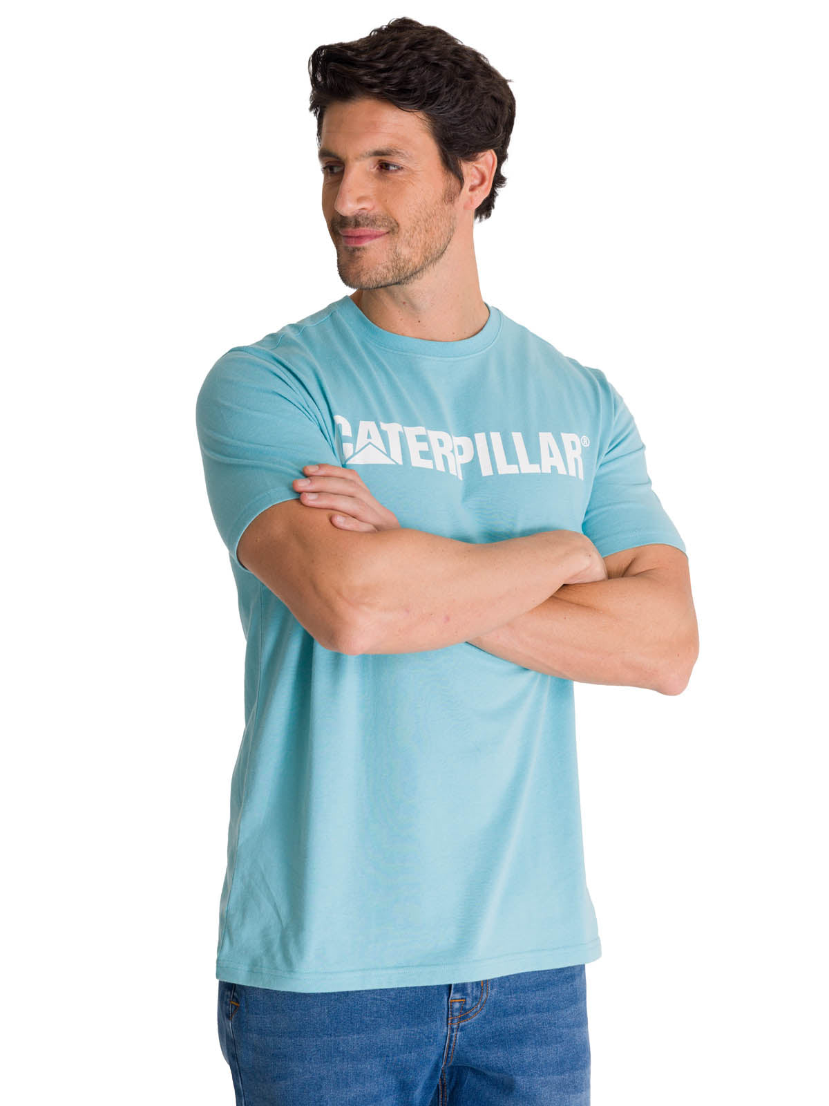 Polera Manga Corta Hombre Logo Caterpillar Celeste CAT