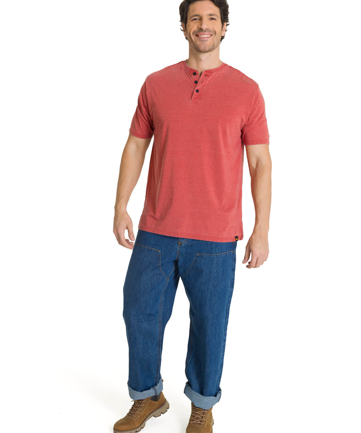 Polera Manga Corta Henley Hombre Burnout Rojo CAT