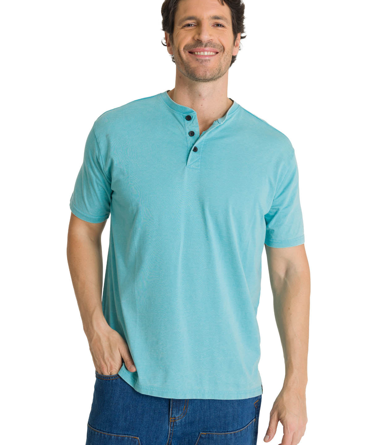 Polera Manga Corta Henley Hombre Burnout Azul Claro CAT