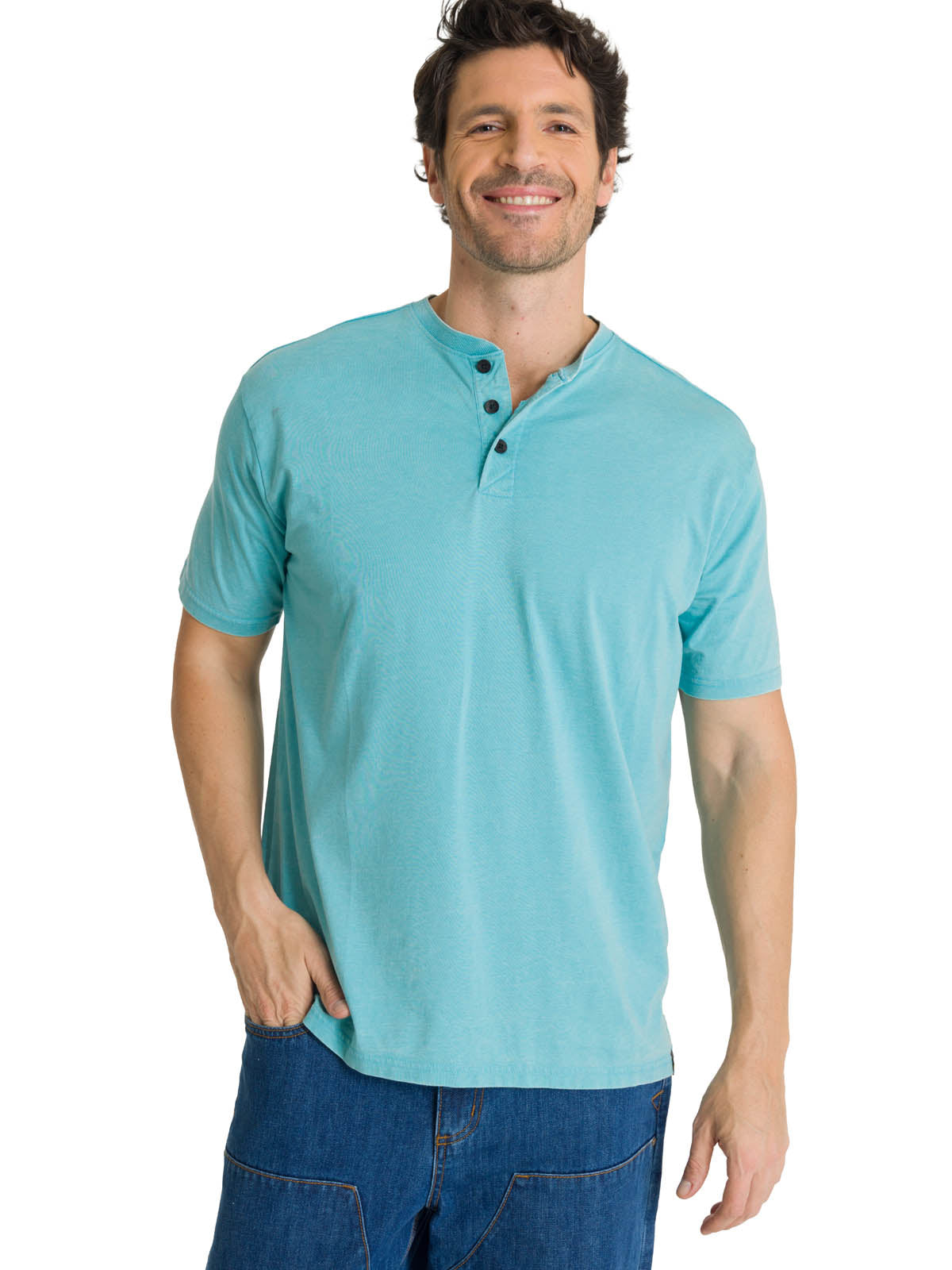 Polera Manga Corta Henley Hombre Burnout Azul Claro CAT