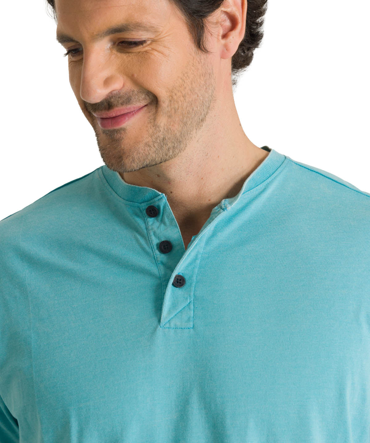 Polera Manga Corta Henley Hombre Burnout Azul Claro CAT