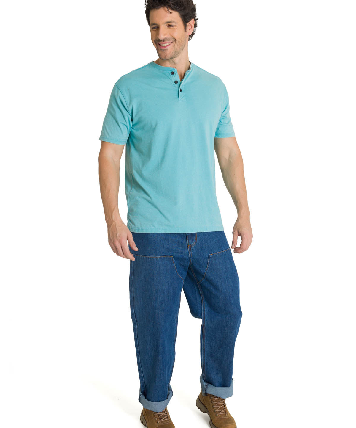 Polera Manga Corta Henley Hombre Burnout Azul Claro CAT