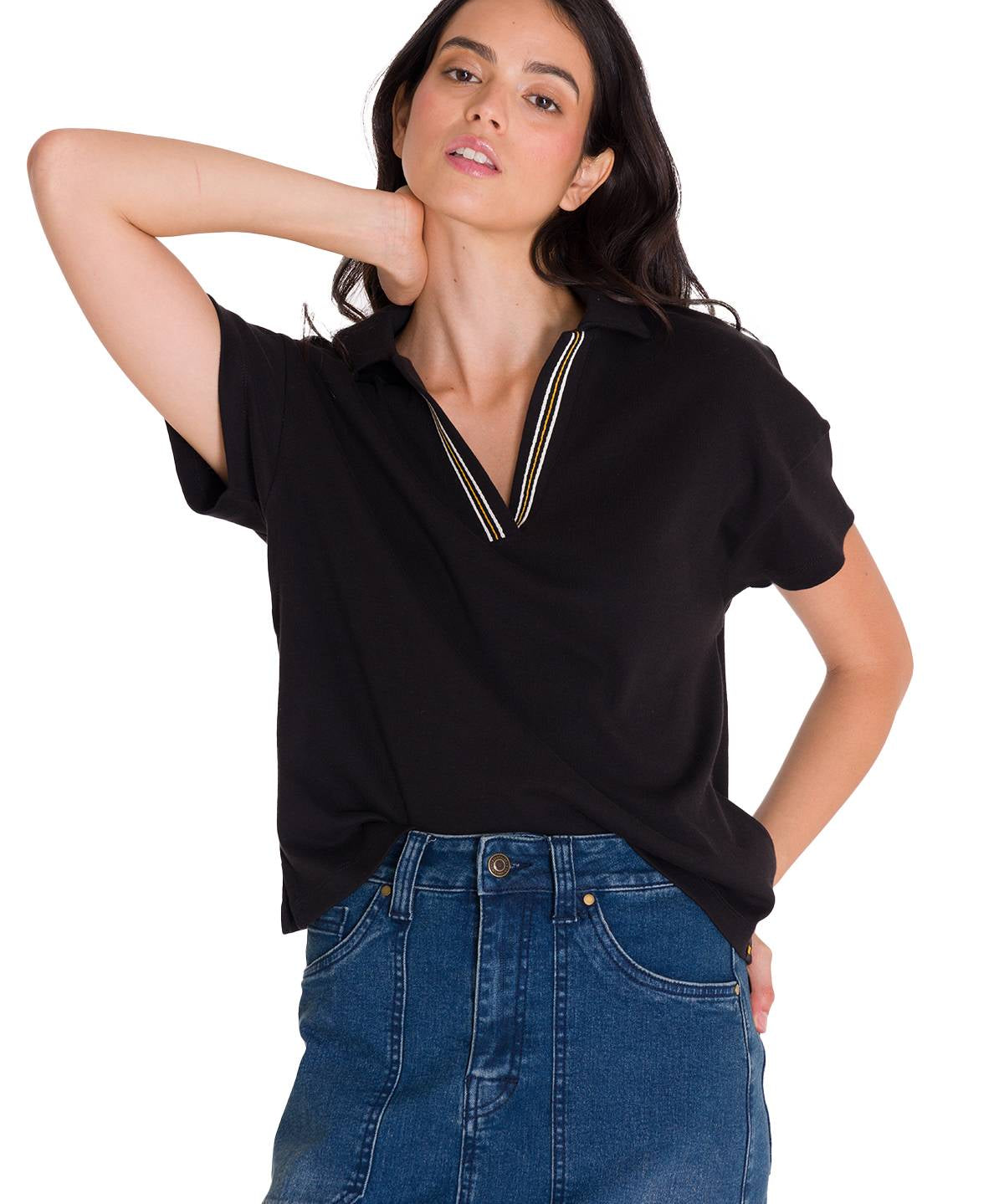 Polera Manga Corta Polo Mujer NOTCH NECK POLO Negra Cat