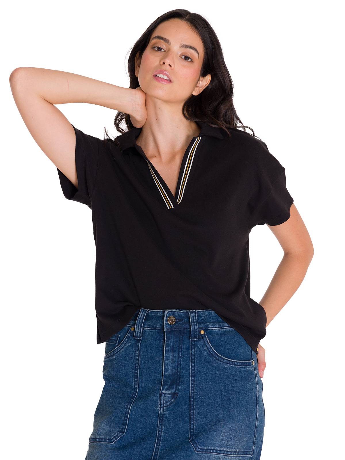 Polera Manga Corta Polo Mujer NOTCH NECK POLO Negra Cat