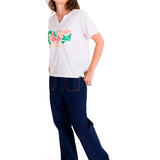 Polera Manga Corta Casual Mujer NOTCH NECK EMBROIDERED FLORAL TEE Blanca Cat