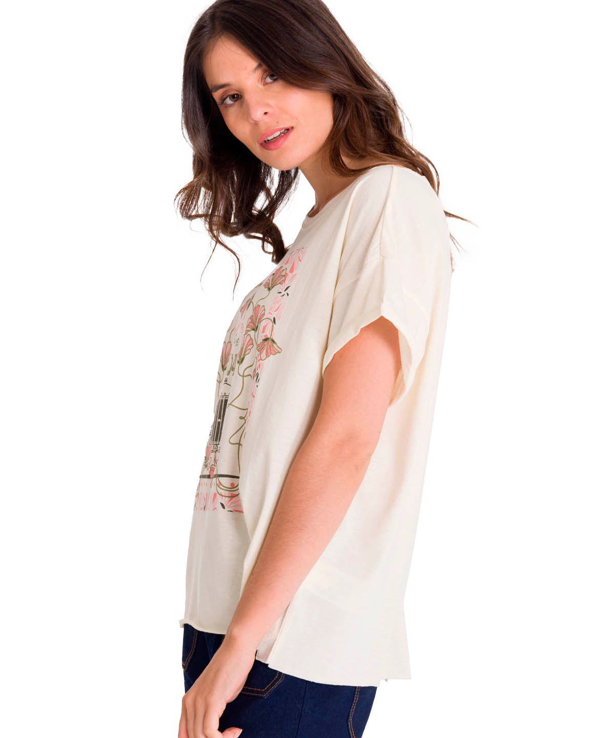 Polera Manga Corta Casual Mujer RELAXED FLORAL GRAPHIC TEE Blanca Cat