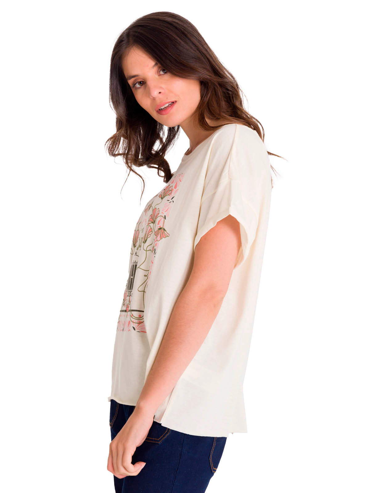Polera Manga Corta Casual Mujer RELAXED FLORAL GRAPHIC TEE Blanca Cat