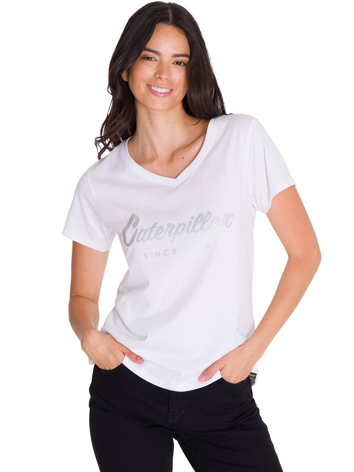 Polera Manga Corta Cuello V Mujer CAT METALLIC SCRIPT V-NECK TEE Blanca Cat