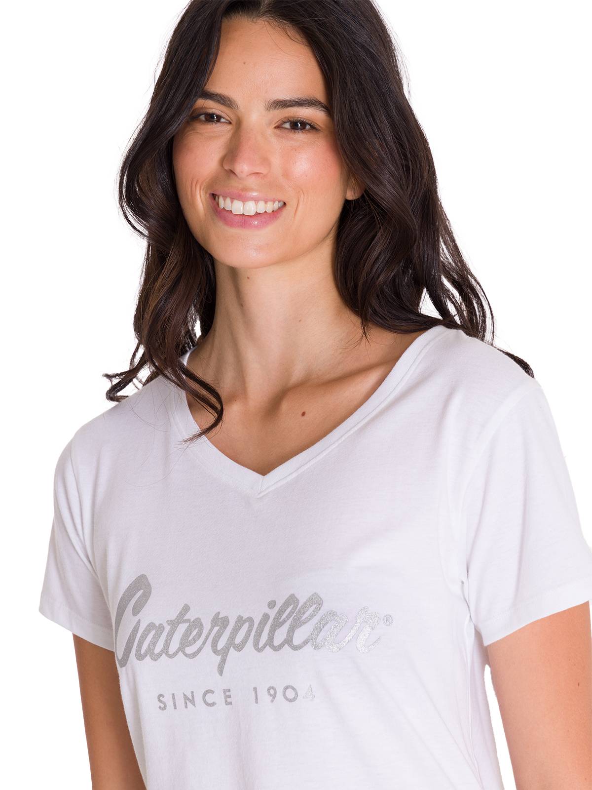 Polera Manga Corta Cuello V Mujer CAT METALLIC SCRIPT V-NECK TEE Blanca Cat