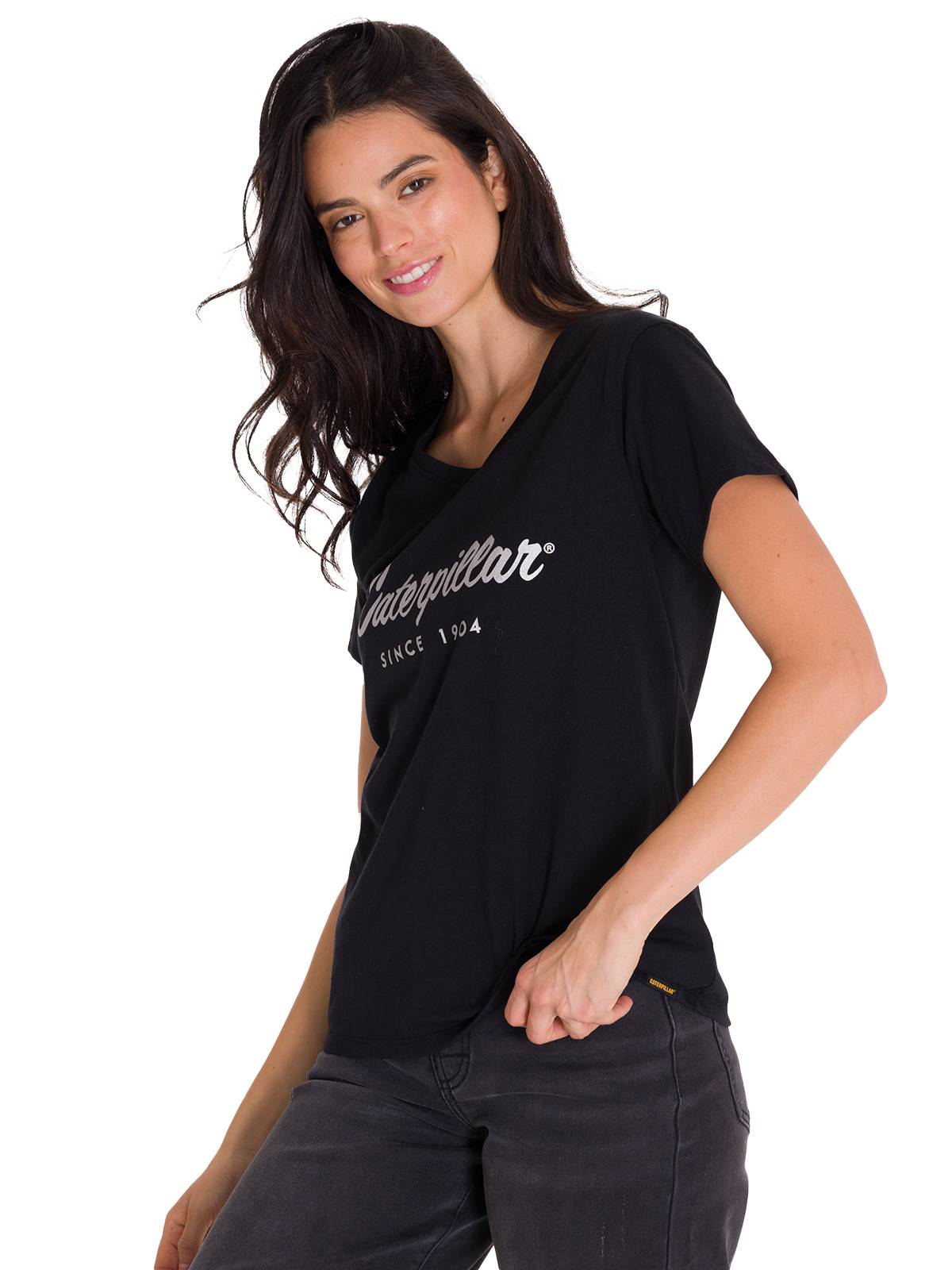 Polera Manga Corta Cuello V Mujer CAT METALLIC SCRIPT V-NECK TEE Negra Cat