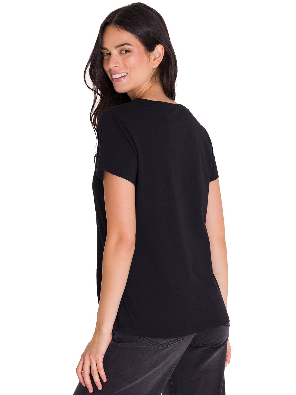 Polera Manga Corta Cuello V Mujer CAT METALLIC SCRIPT V-NECK TEE Negra Cat