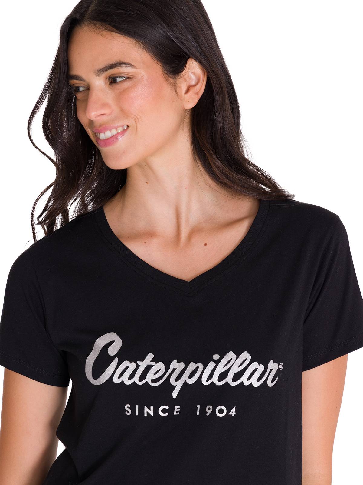 Polera Manga Corta Cuello V Mujer CAT METALLIC SCRIPT V-NECK TEE Negra Cat