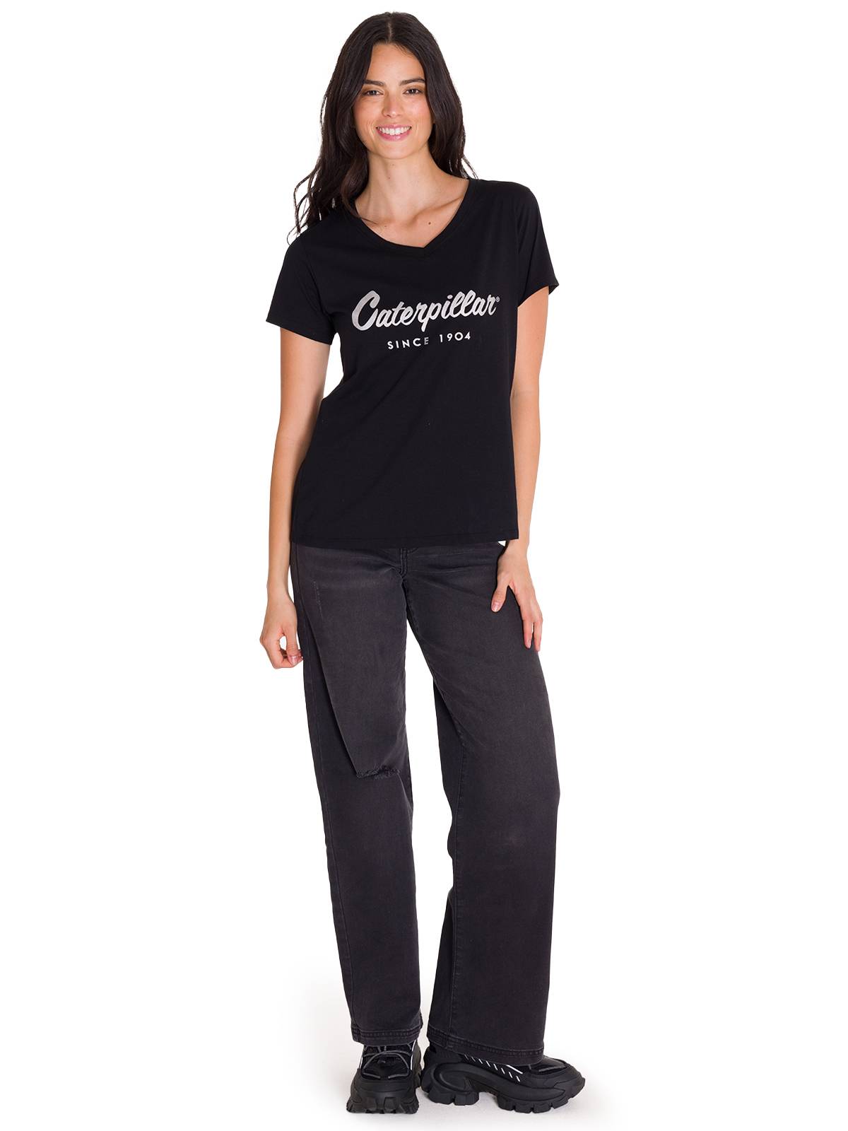 Polera Manga Corta Cuello V Mujer CAT METALLIC SCRIPT V-NECK TEE Negra Cat