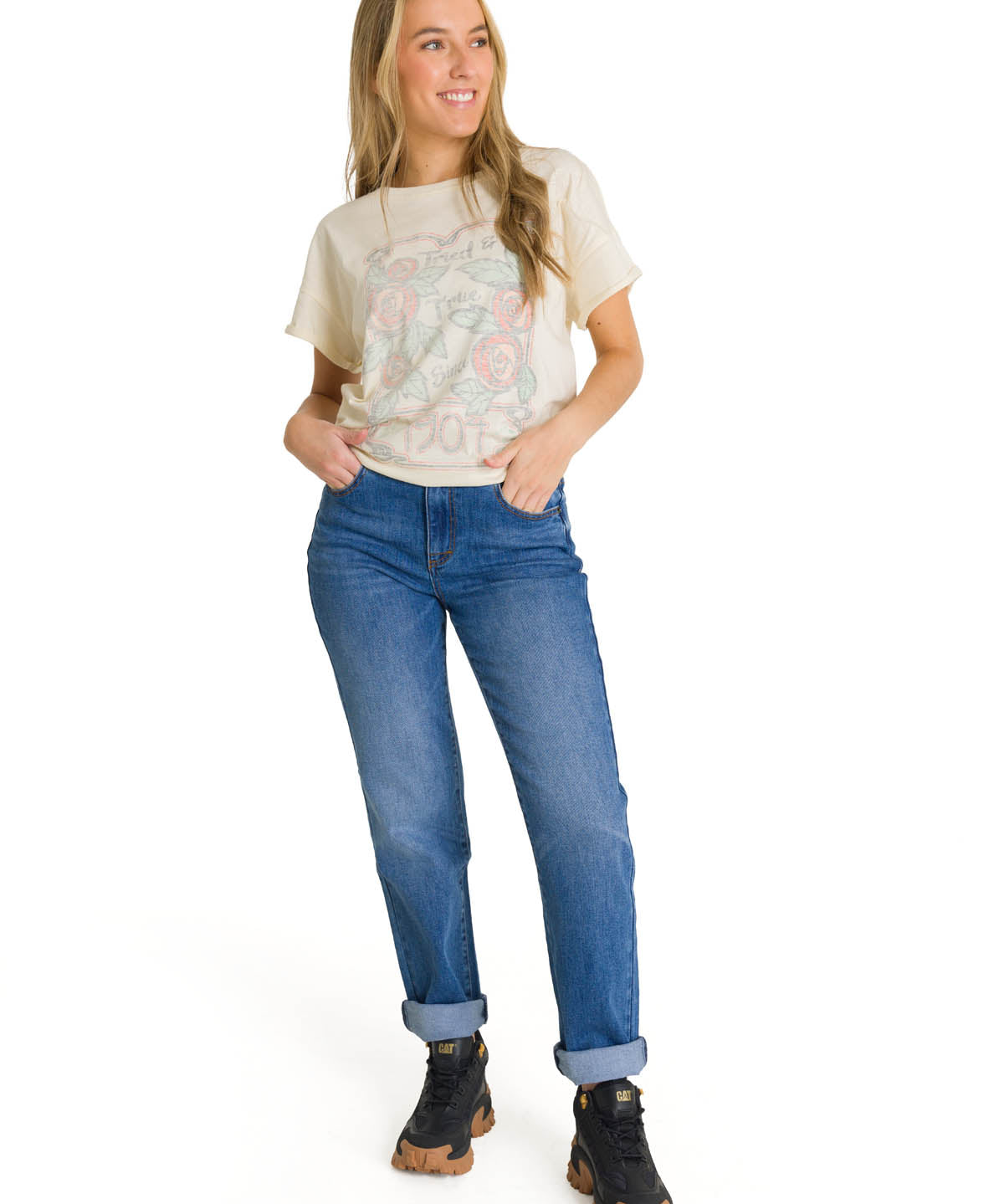 Polera Manga Corta Mujer Diseño Blanco CAT