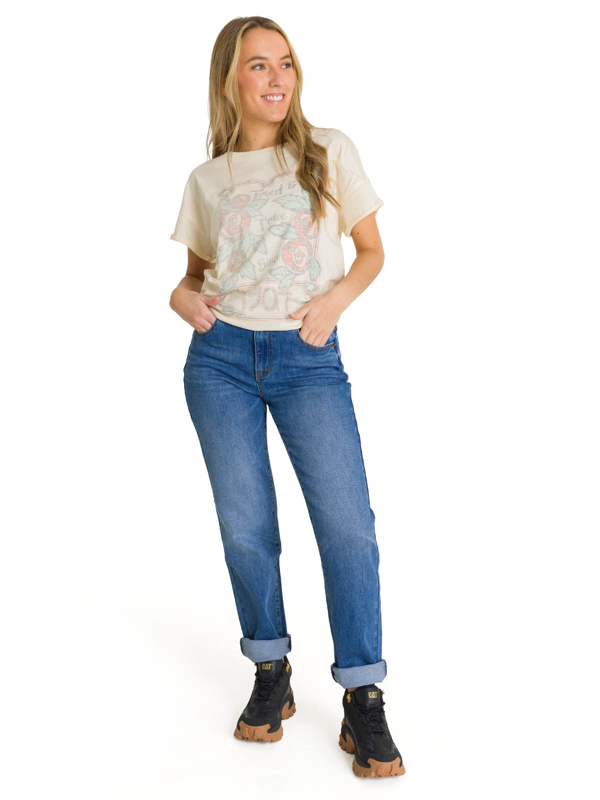 Polera Manga Corta Mujer Diseño Blanco CAT