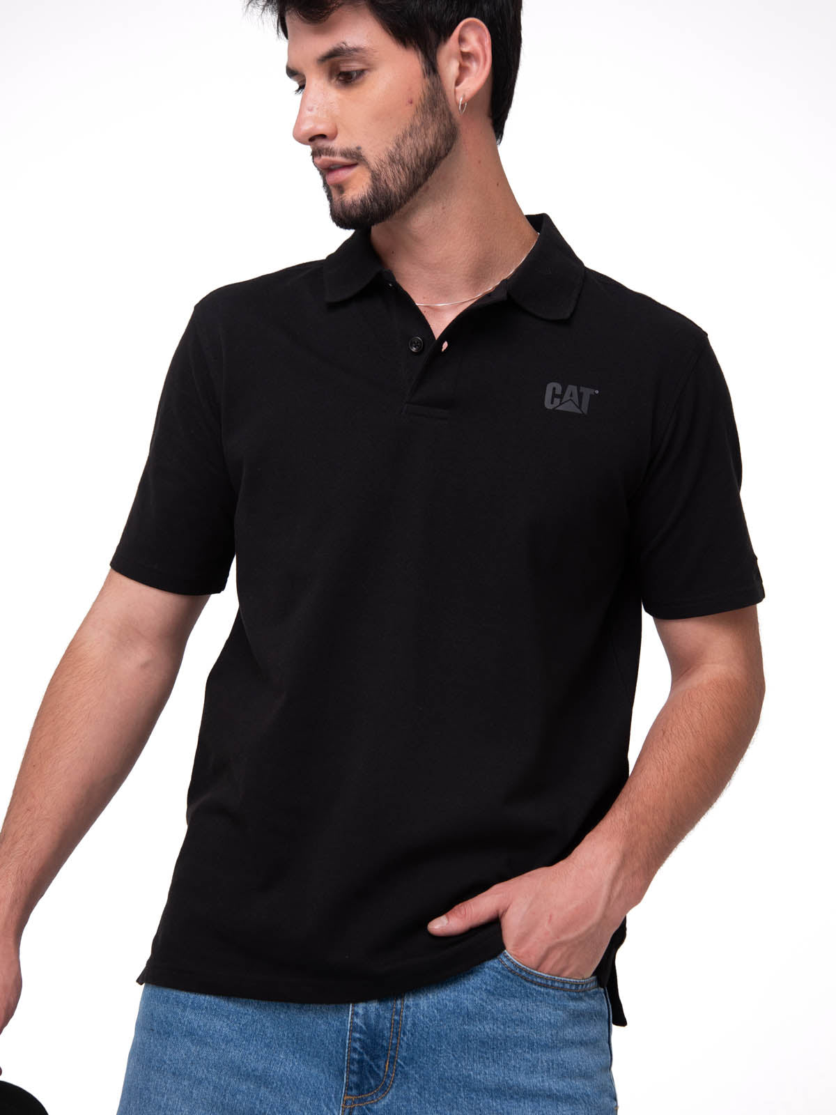 Polera Pique Manga Corta Logo Negro Cat