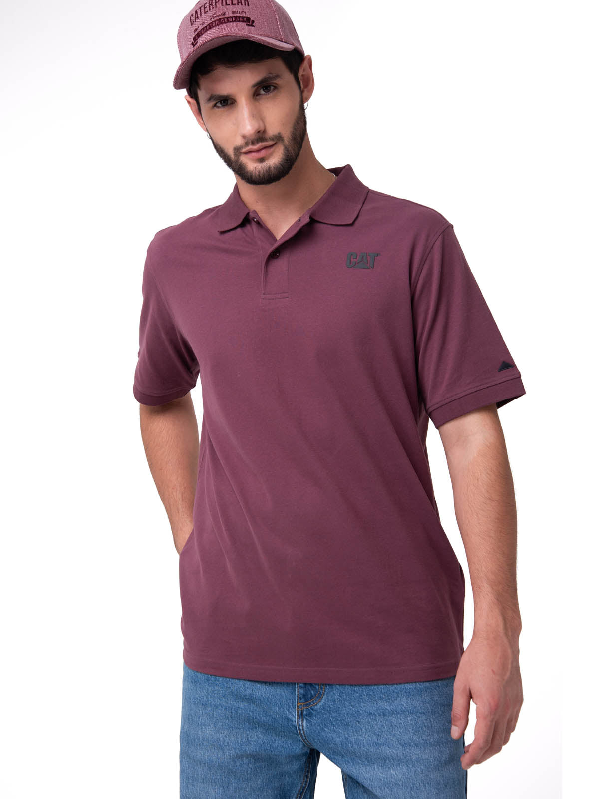 Polera Pique Manga Corta Logo Jersey Burdeo Cat