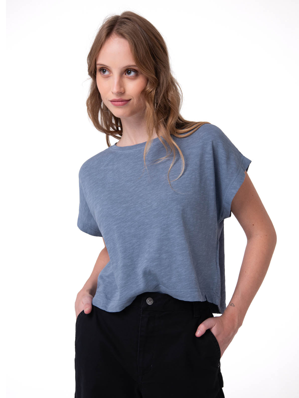 Polera Manga Corta Mujer Slub Knit Fashion Azul Cat