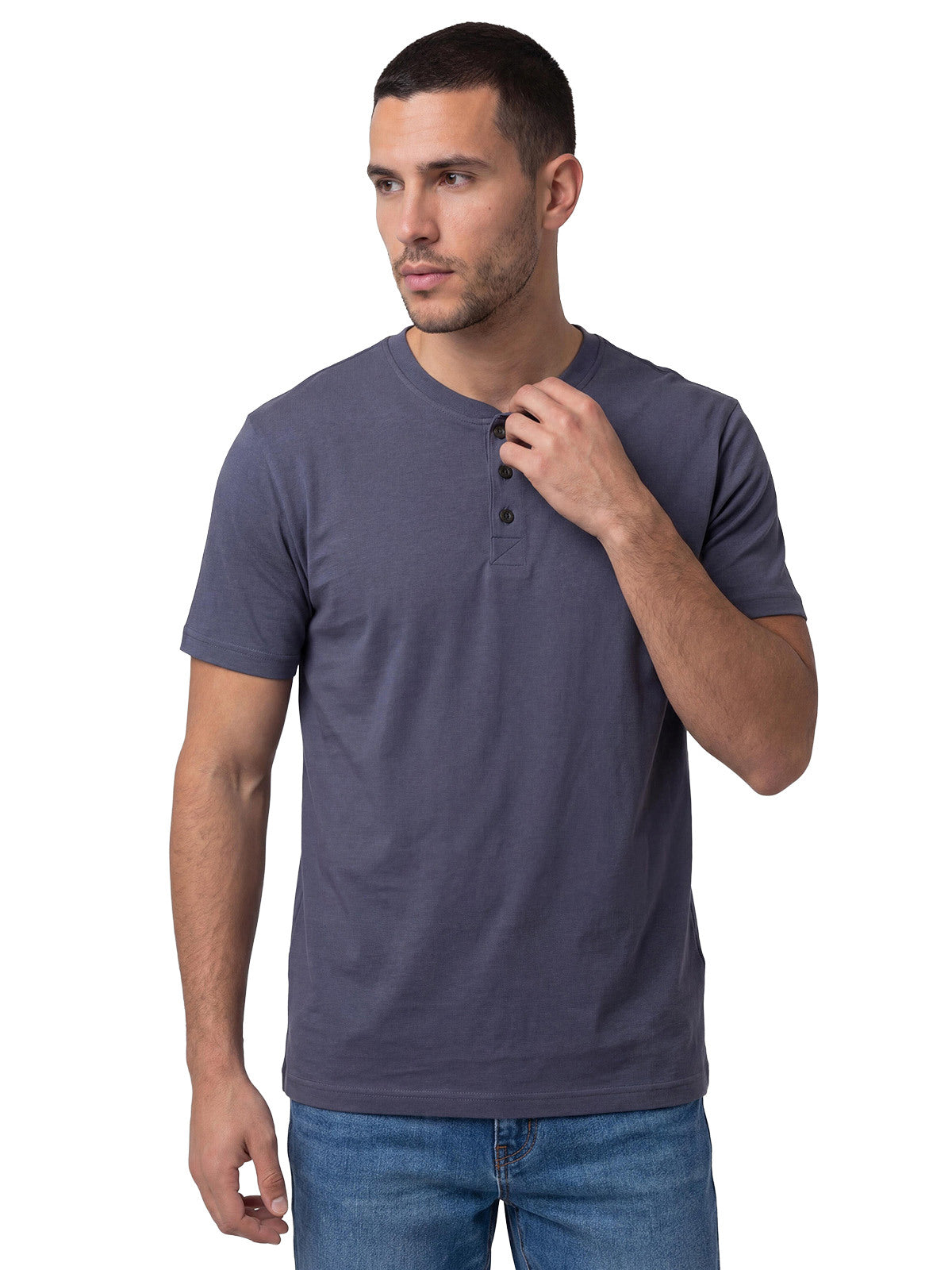 Polera Manga Corta Henley Hombre Slub Knit Azul Cat