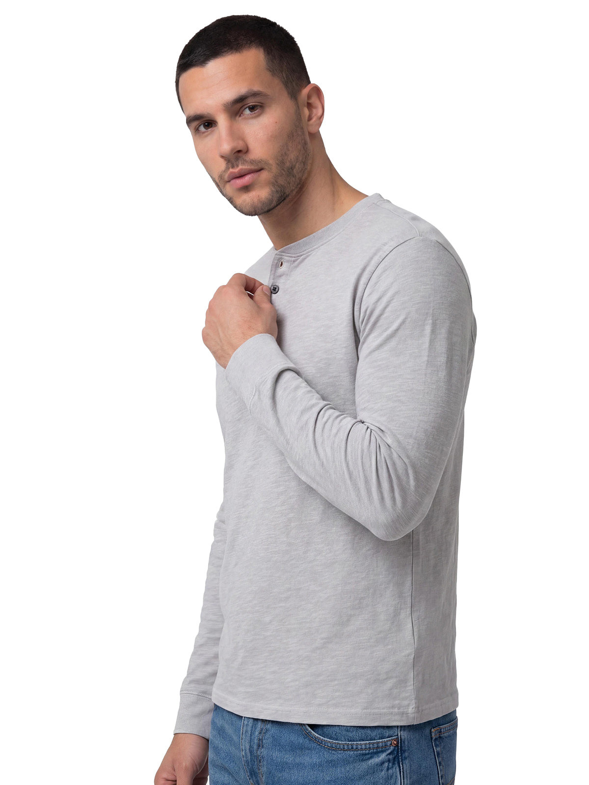 Polera Manga Larga Henley Hombre Slub Knit Gris Cat