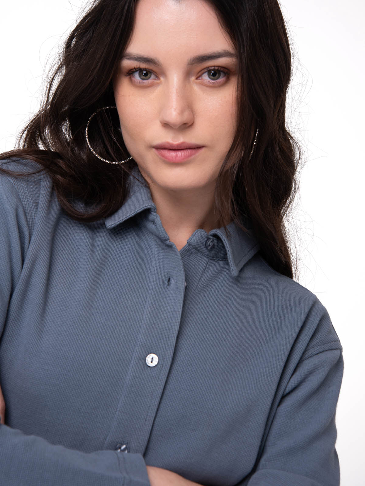 Camisa Manga Larga Mujer Waffle Knit Azul Cat