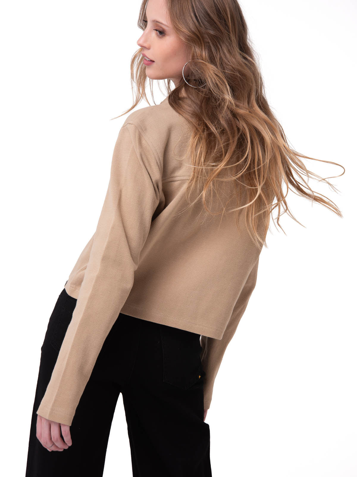Camisa Manga Larga Mujer Waffle Knit Beige Cat