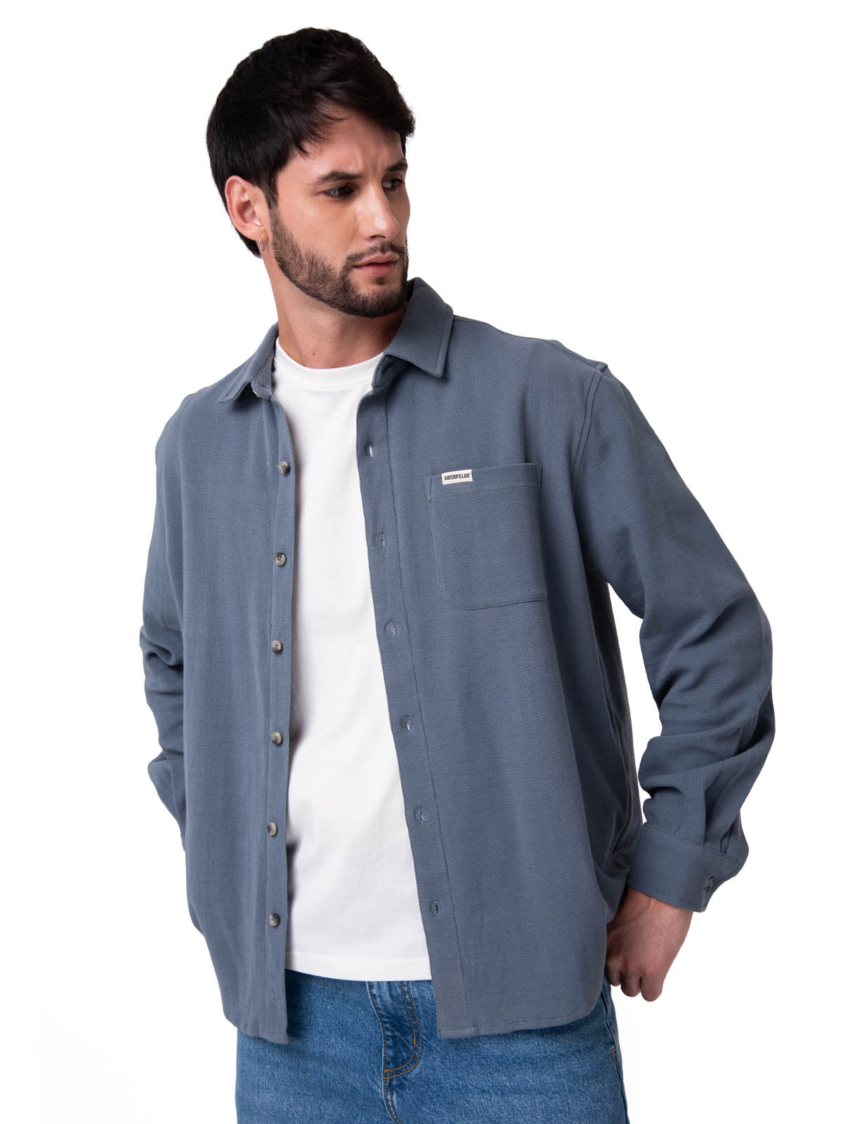 Camisa Manga Larga Hombre Waffle Knit Azul Cat