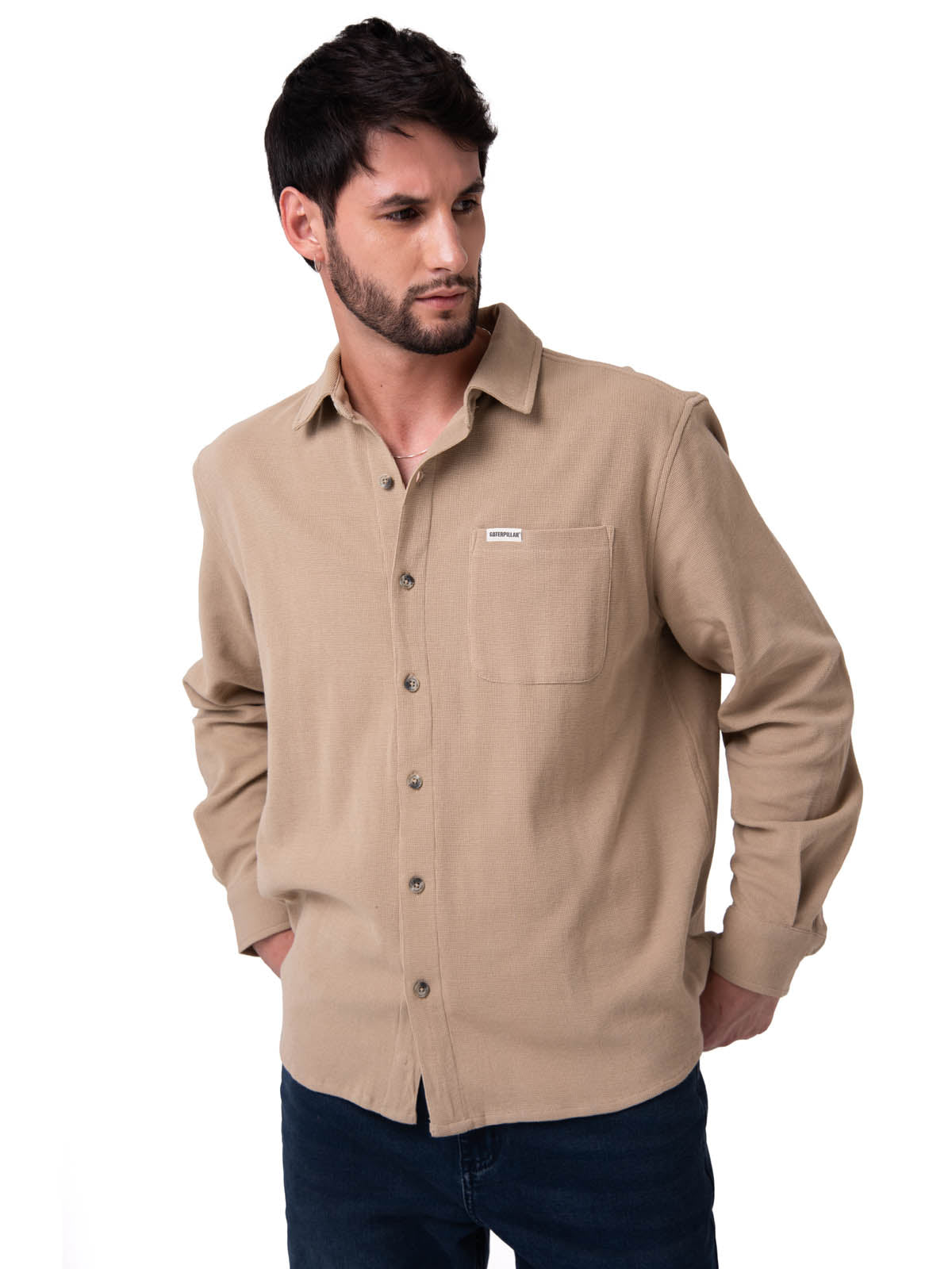 Camisa Manga Larga Hombre Waffle Knit Beige Cat