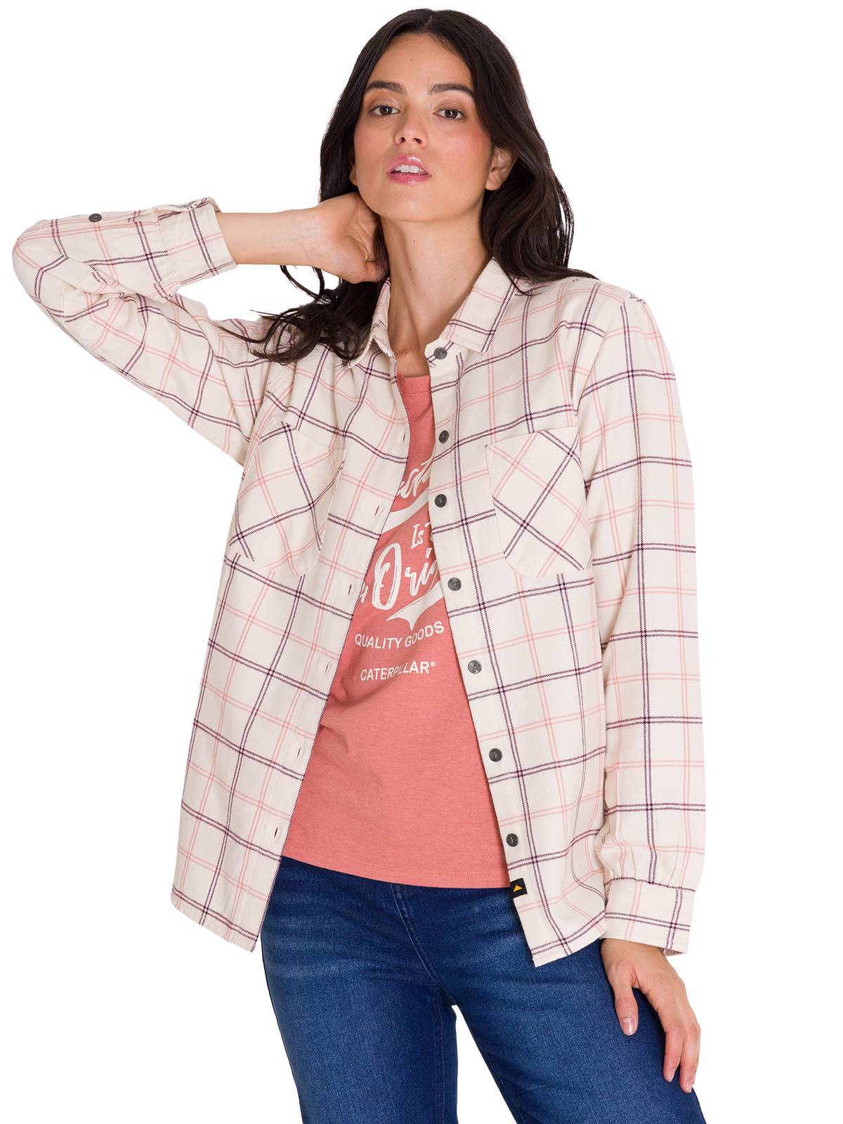 Camisa Manga Larga Mujer Flannel Relaxed L/S Rosa Pálido Cat