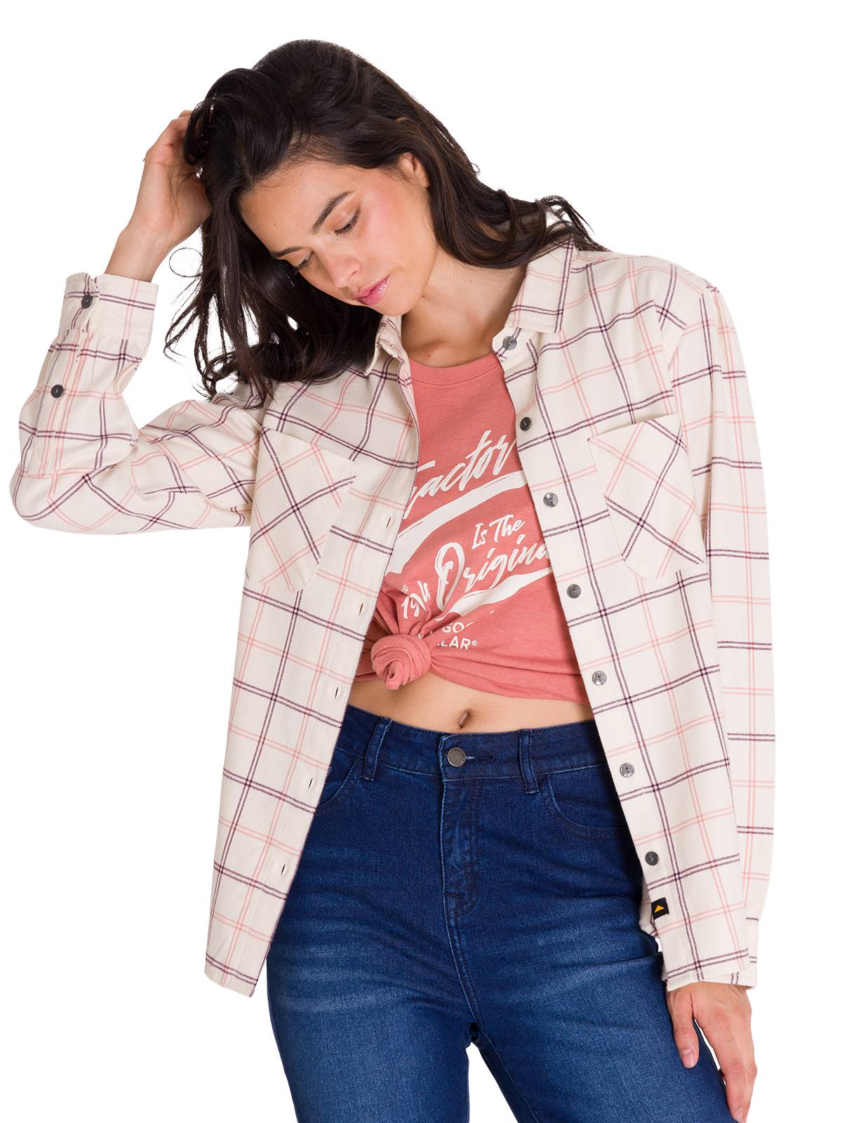Camisa Manga Larga Mujer Flannel Relaxed L/S Rosa Pálido Cat