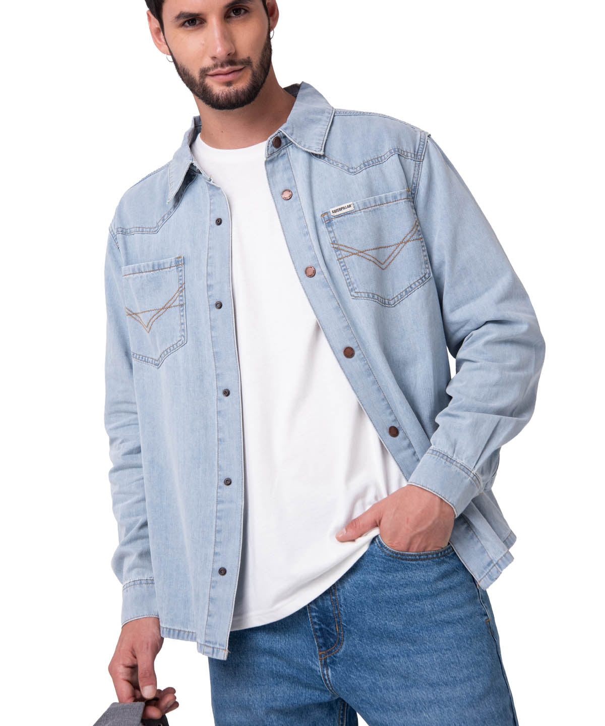 Camisa Denim Manga Larga Hombre Western Celeste Cat