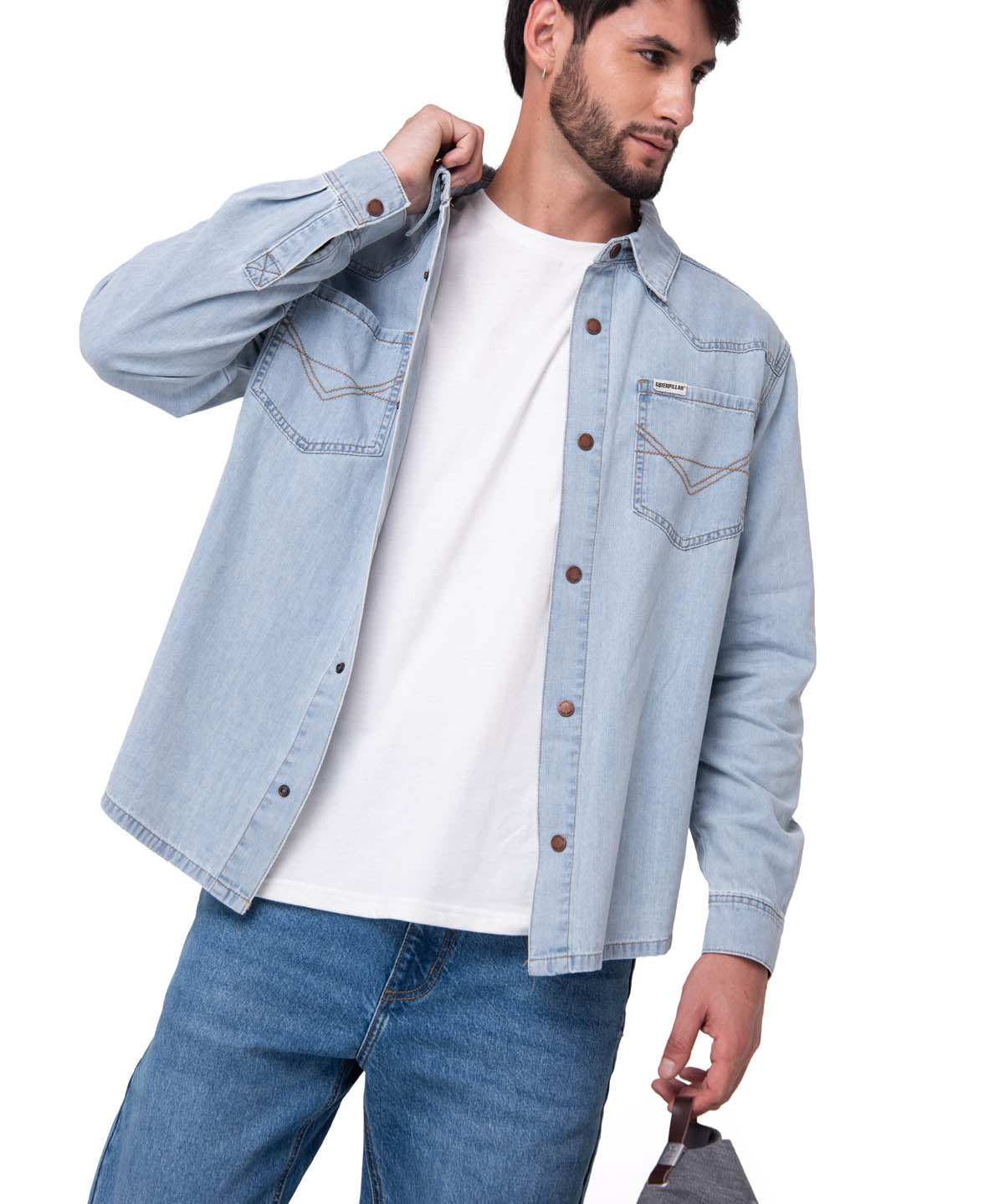 Camisa Denim Manga Larga Hombre Western Celeste Cat