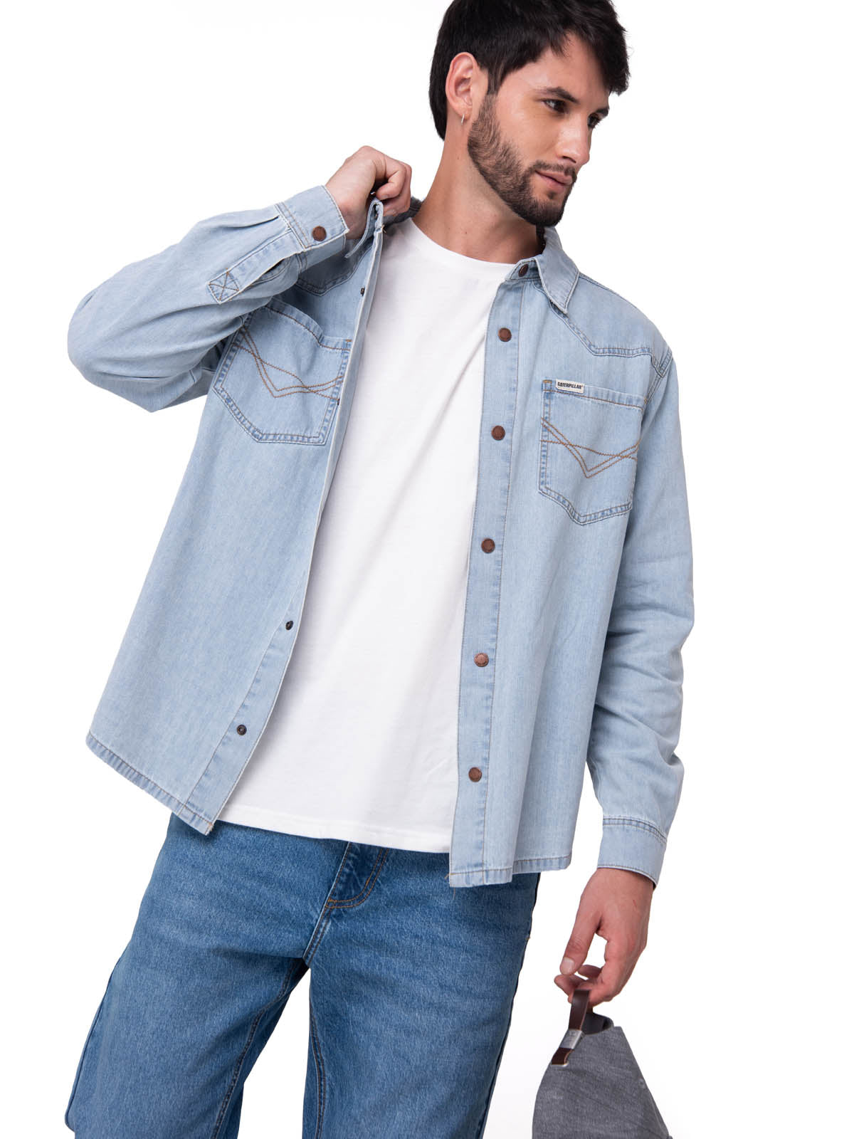 Camisa Denim Manga Larga Hombre Western Celeste Cat