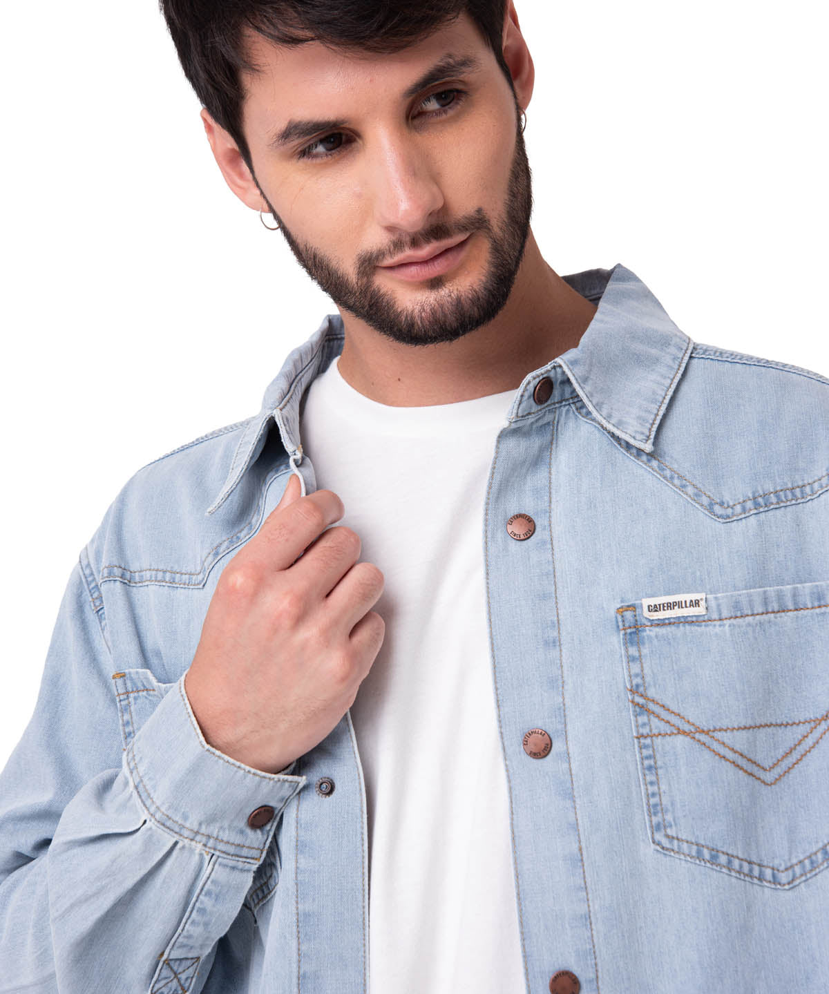 Camisa Denim Manga Larga Hombre Western Celeste Cat