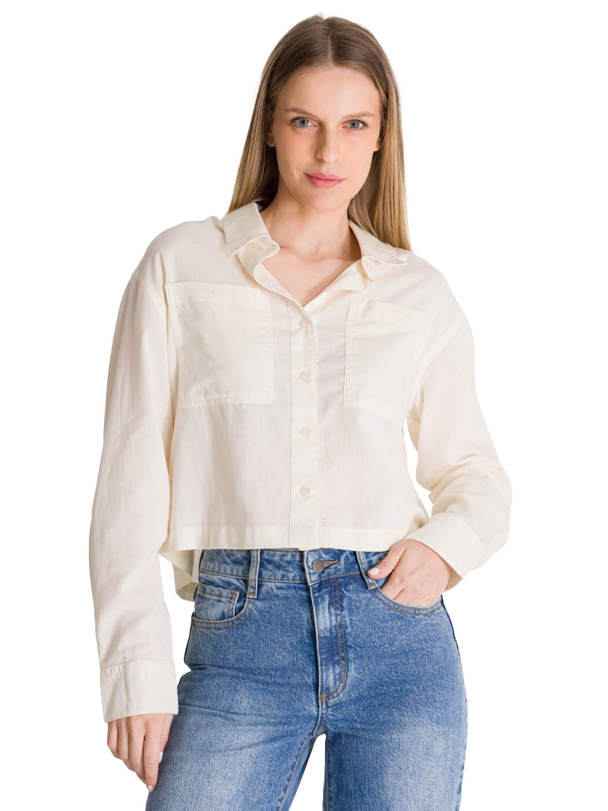 Camisa Manga Larga Mujer Cropped Blanco CAT