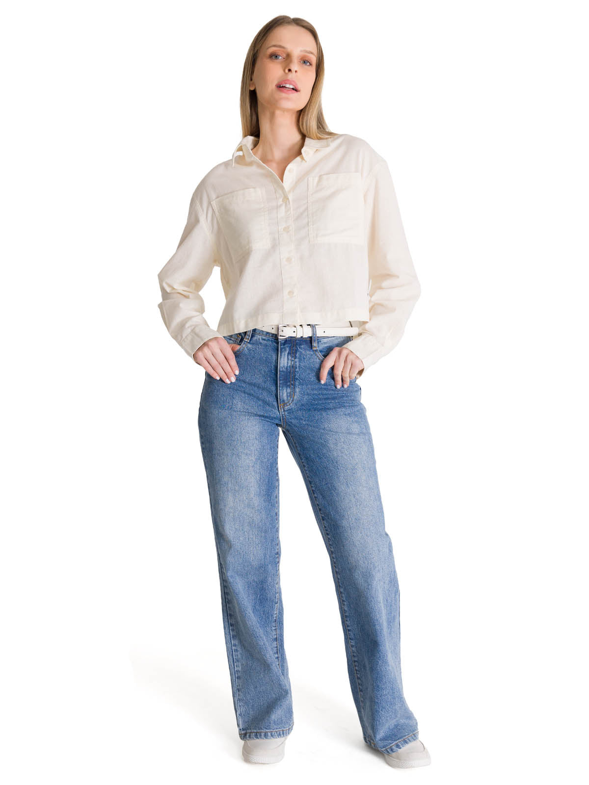 Camisa Manga Larga Mujer Cropped Blanco CAT