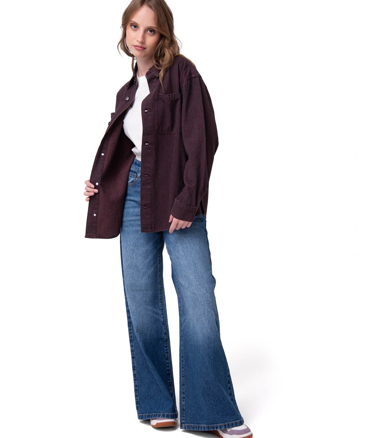 Camisa Denim Mujer Oversized Lineas Burdeo Cat