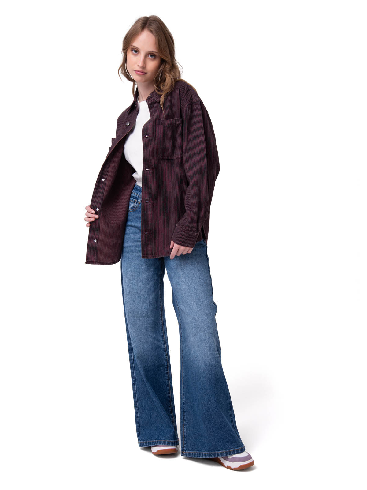 Camisa Denim Mujer Oversized Lineas Burdeo Cat
