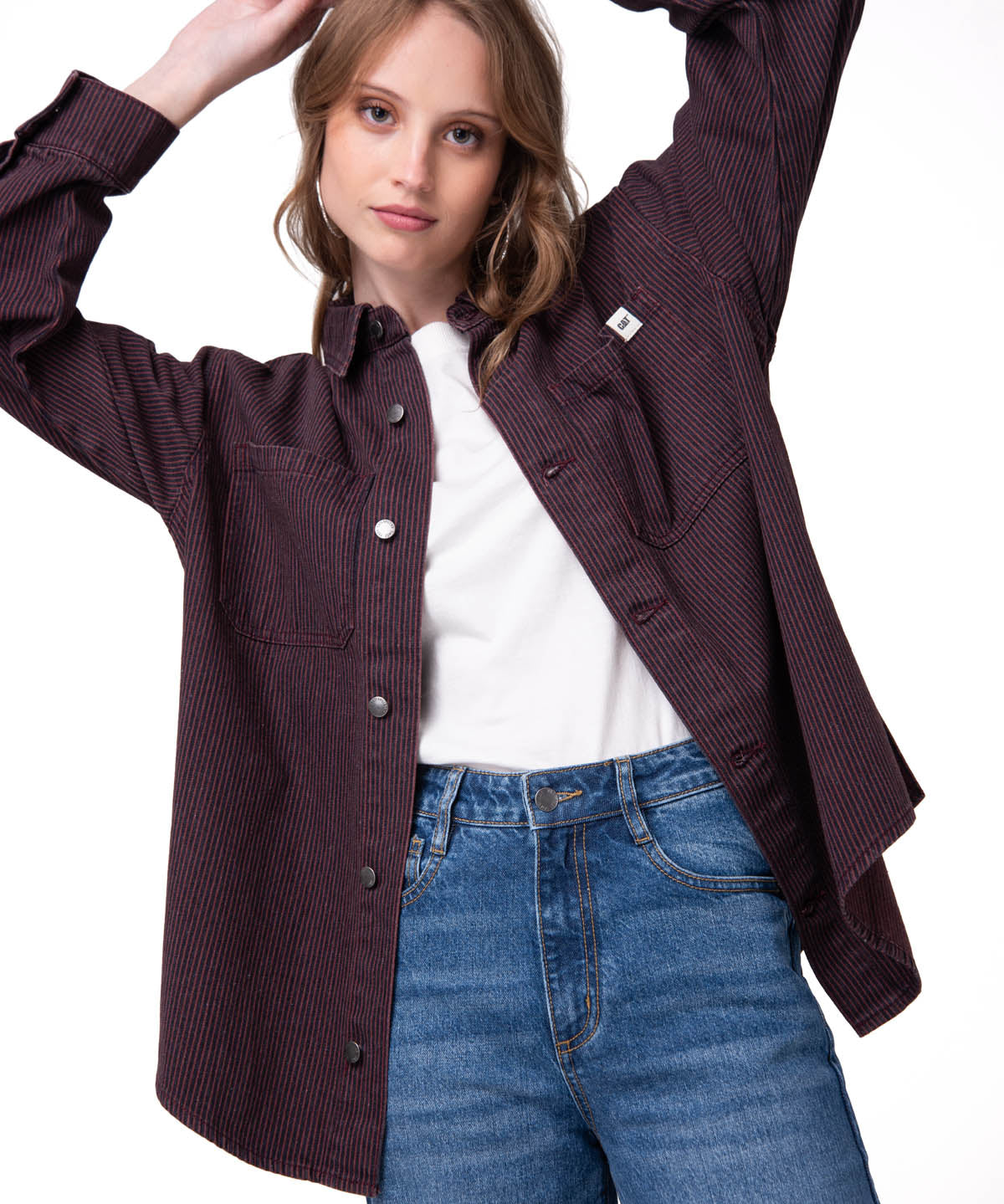 Camisa Denim Mujer Oversized Lineas Burdeo Cat