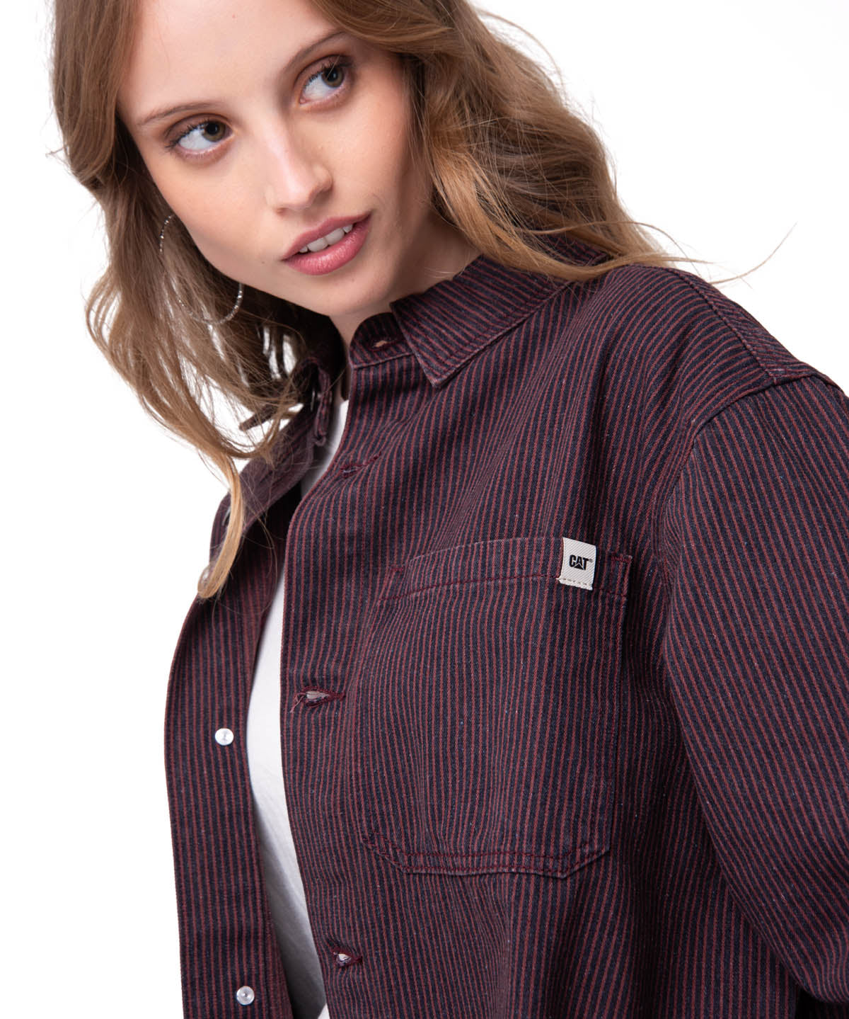 Camisa Denim Mujer Oversized Lineas Burdeo Cat