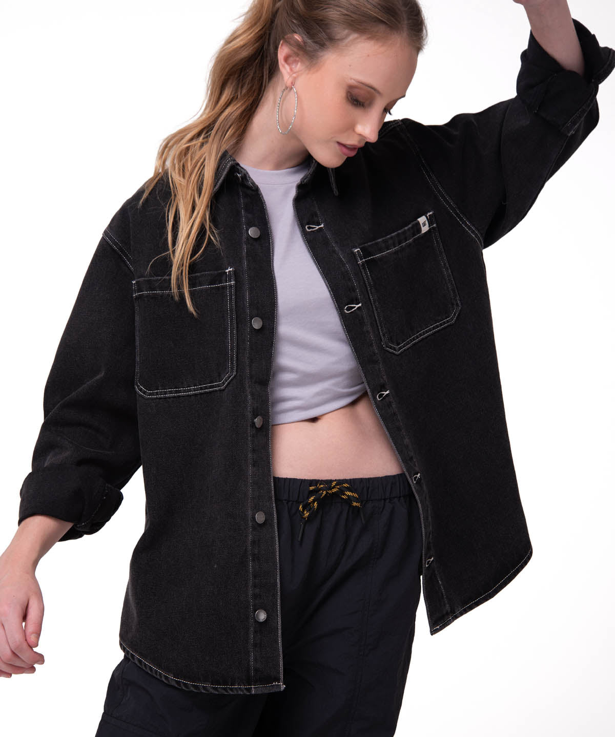 Camisa Denim Manga Larga Mujer Oversized Negro Cat
