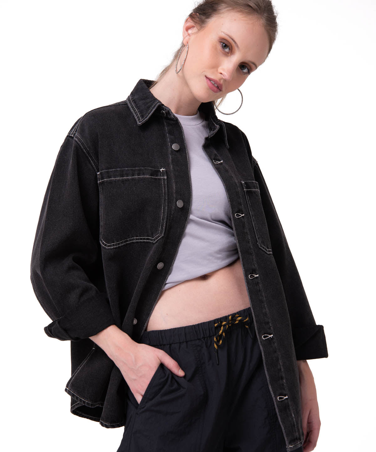 Camisa Denim Manga Larga Mujer Oversized Negro Cat