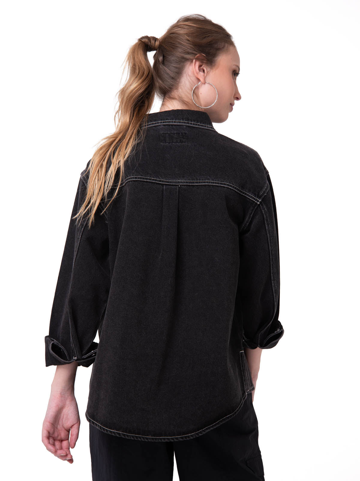 Camisa Denim Manga Larga Mujer Oversized Negro Cat