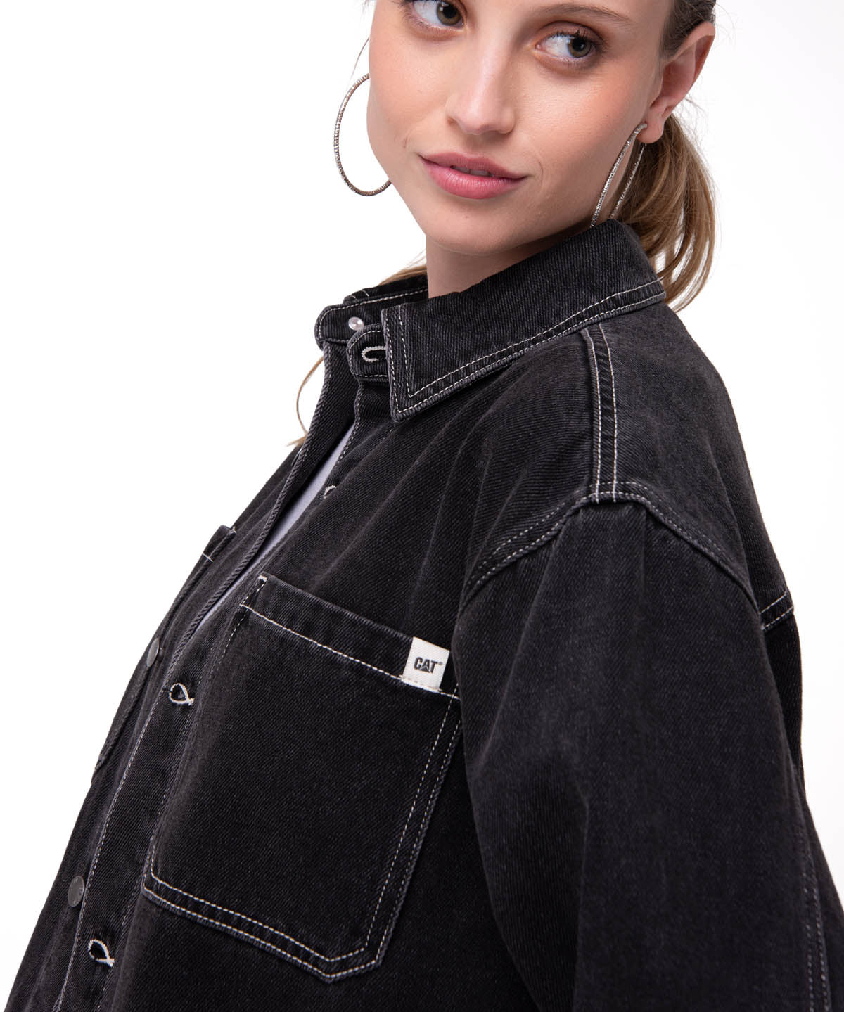 Camisa Denim Manga Larga Mujer Oversized Negro Cat