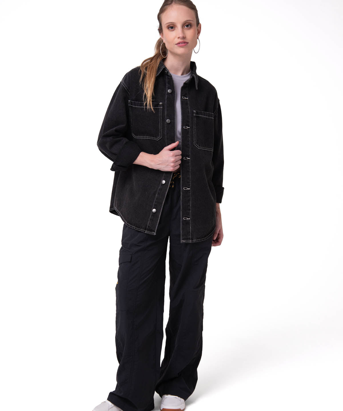 Camisa Denim Manga Larga Mujer Oversized Negro Cat