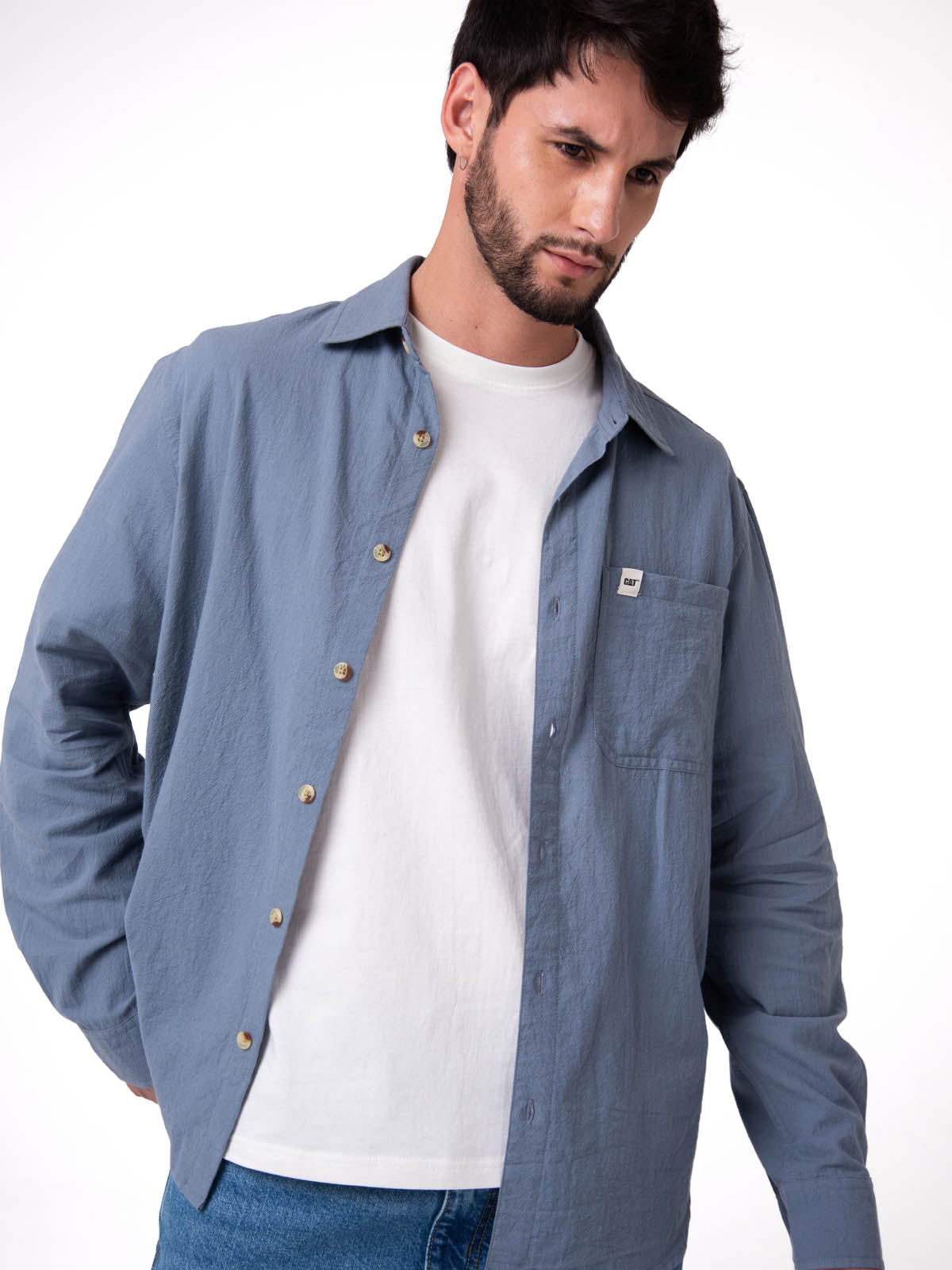 Camisa Manga Larga Hombre Lightweight Relaxed Azul Cat