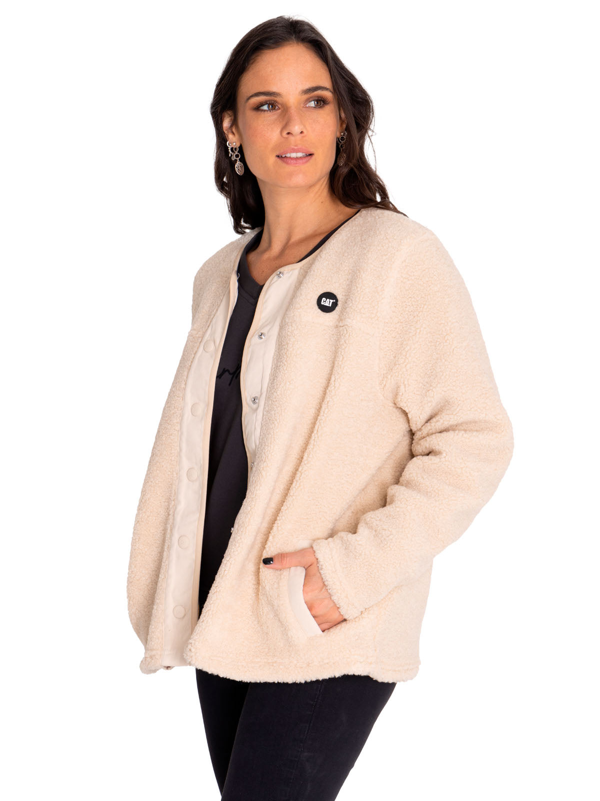 Polar Casual Mujer Long Button Front Sherpa Jacket Beige/Crudo Cat
